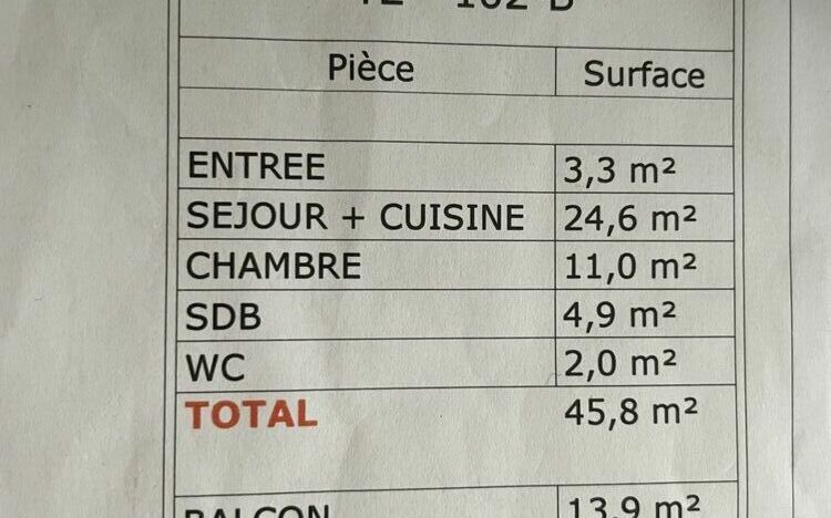 Appartement neuf 45,80 m² : Détail des surfaces